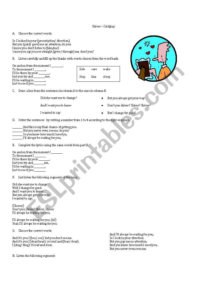 Shiver by Coldplay worksheet