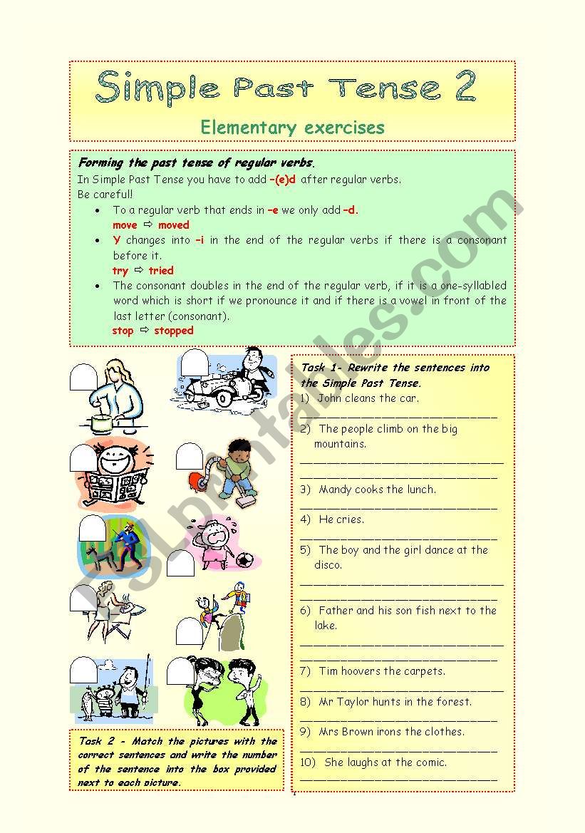 Simple Past Tense 2 with grammar and 8 exercises in 4 pages