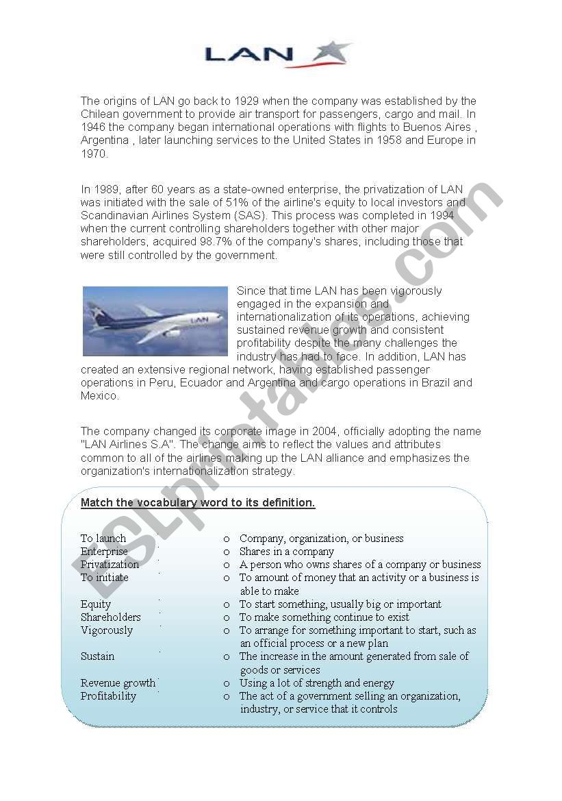 LAN Airlines reading worksheet