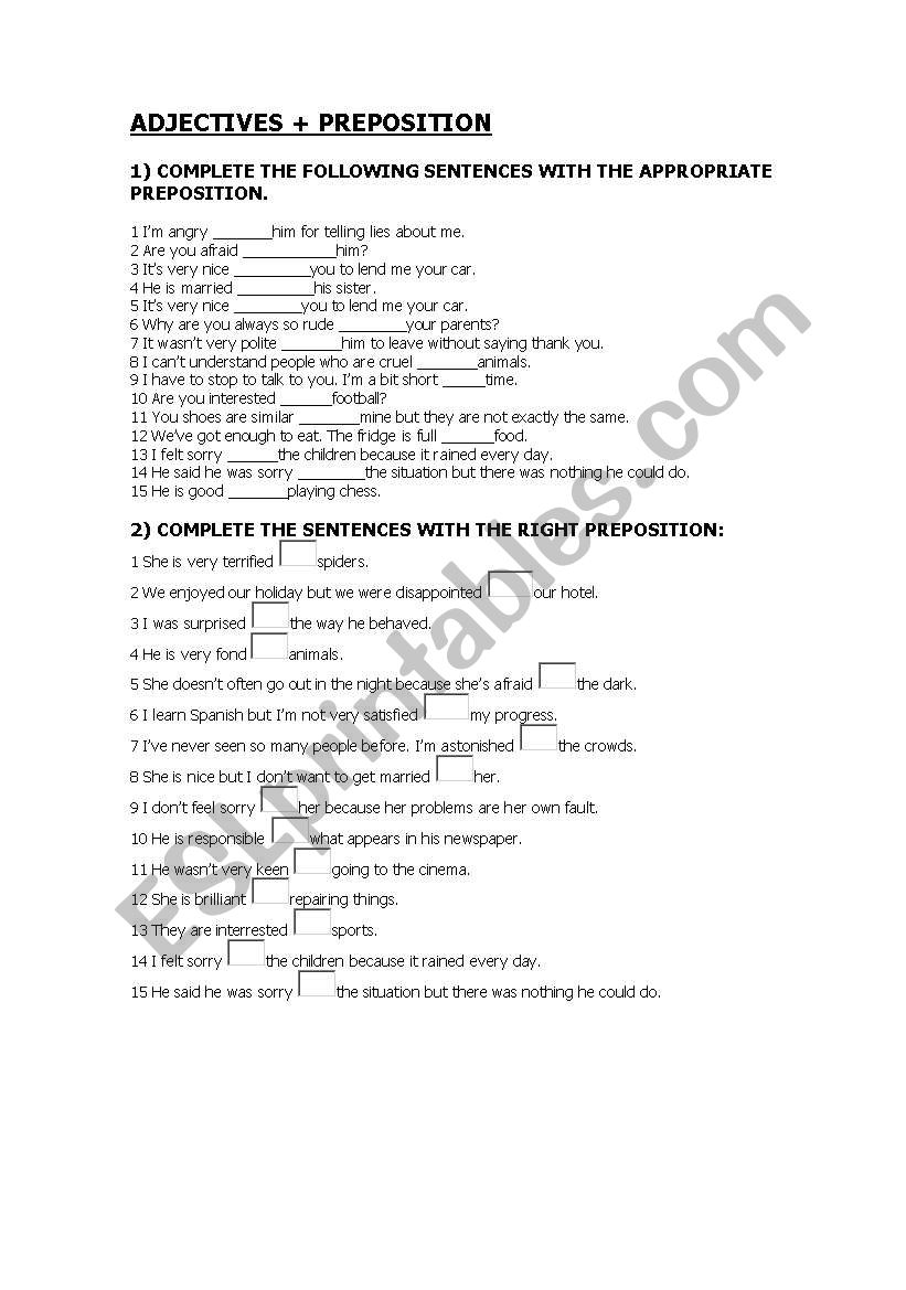 adjectives+preposition worksheet