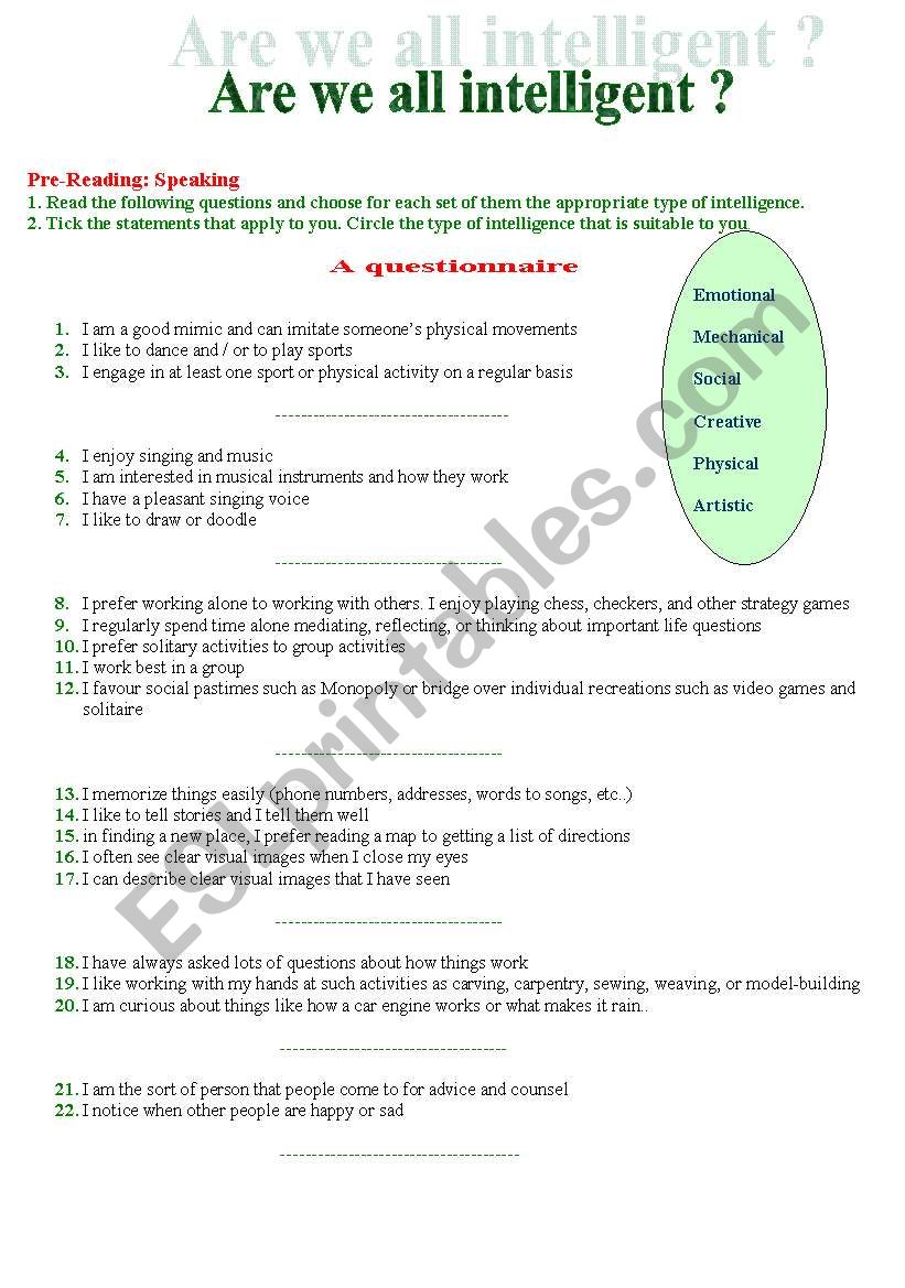 Are we all intelligent? worksheet