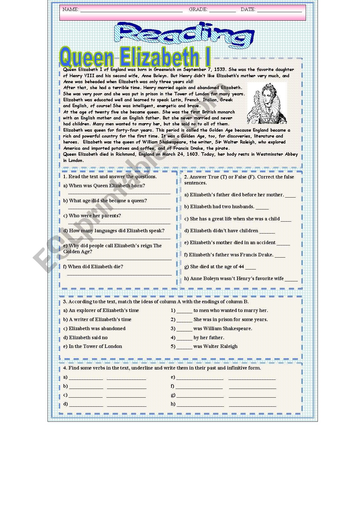 Queen Elizabeth Reading worksheet