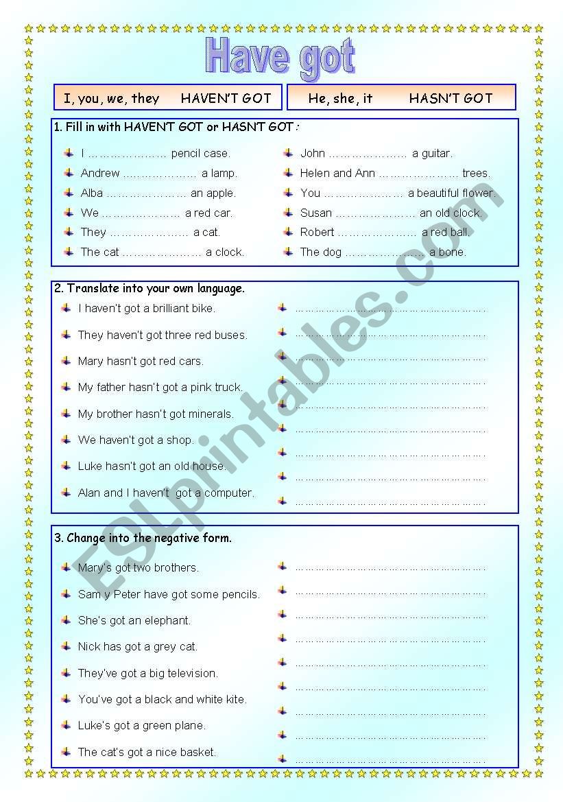 HAVE GOT (negative) worksheet