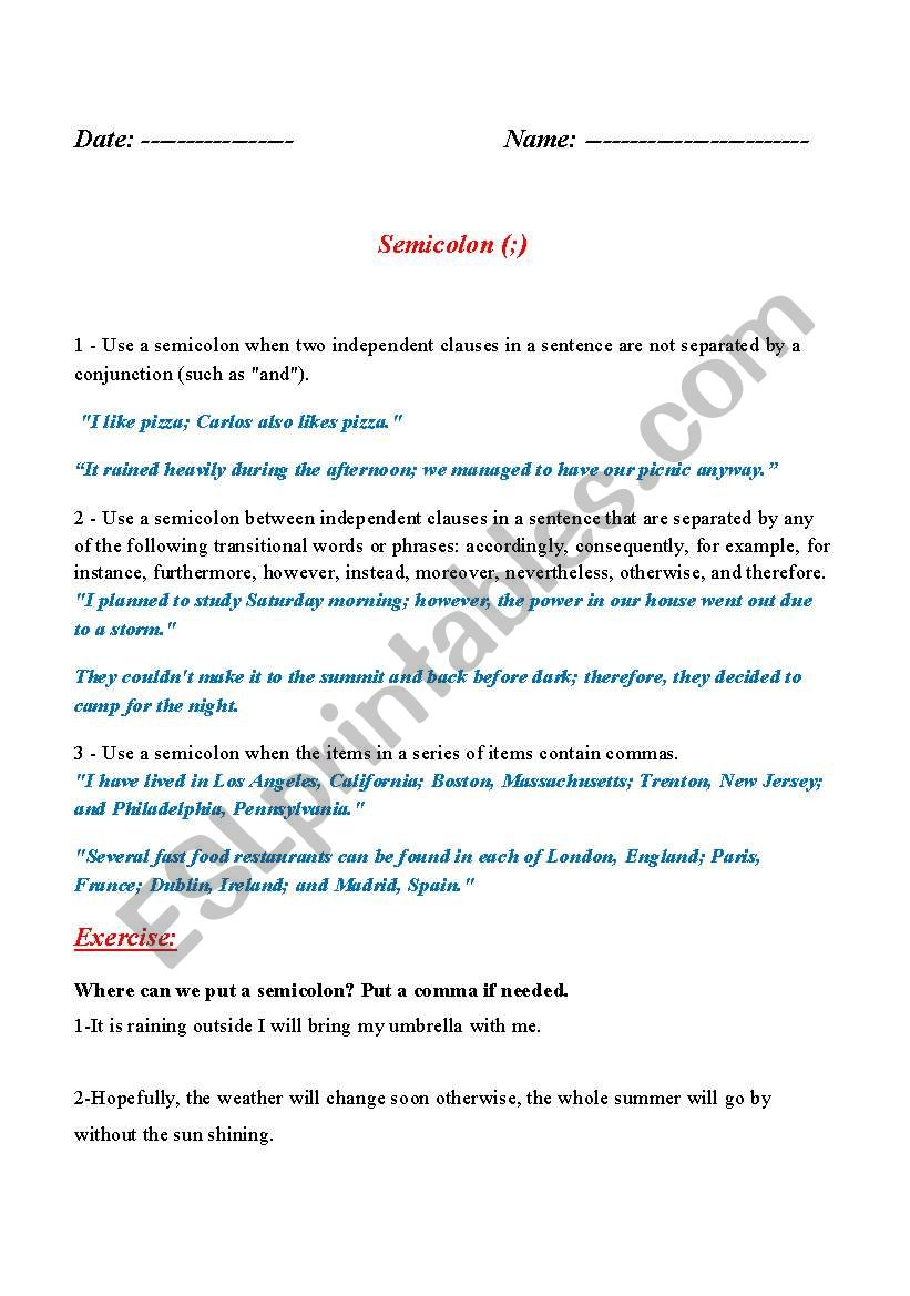 Semicolon  worksheet