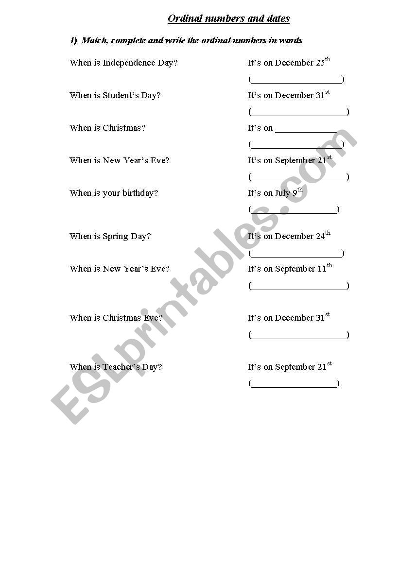 Ordinal numbers and dates worksheet