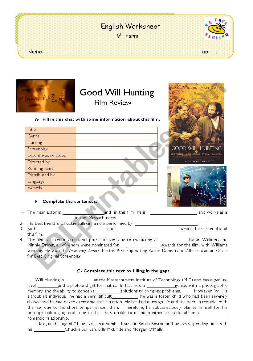 good will hunting film review & comprehension exercises
