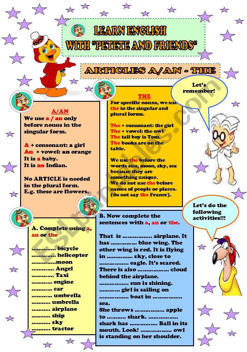 BASIC GRAMMAR FOR KIDS/ ARTICLES A -AN -THE/ BLACK VERSION AND BOOK COVER INCLUDED/ FULLY EDITABLE