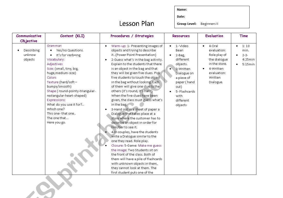 Describing objects worksheet