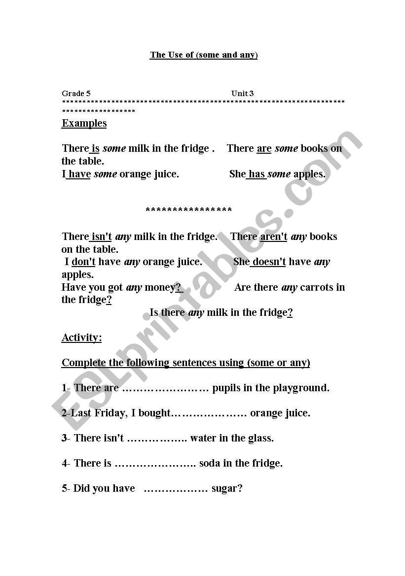 the use of some and any worksheet