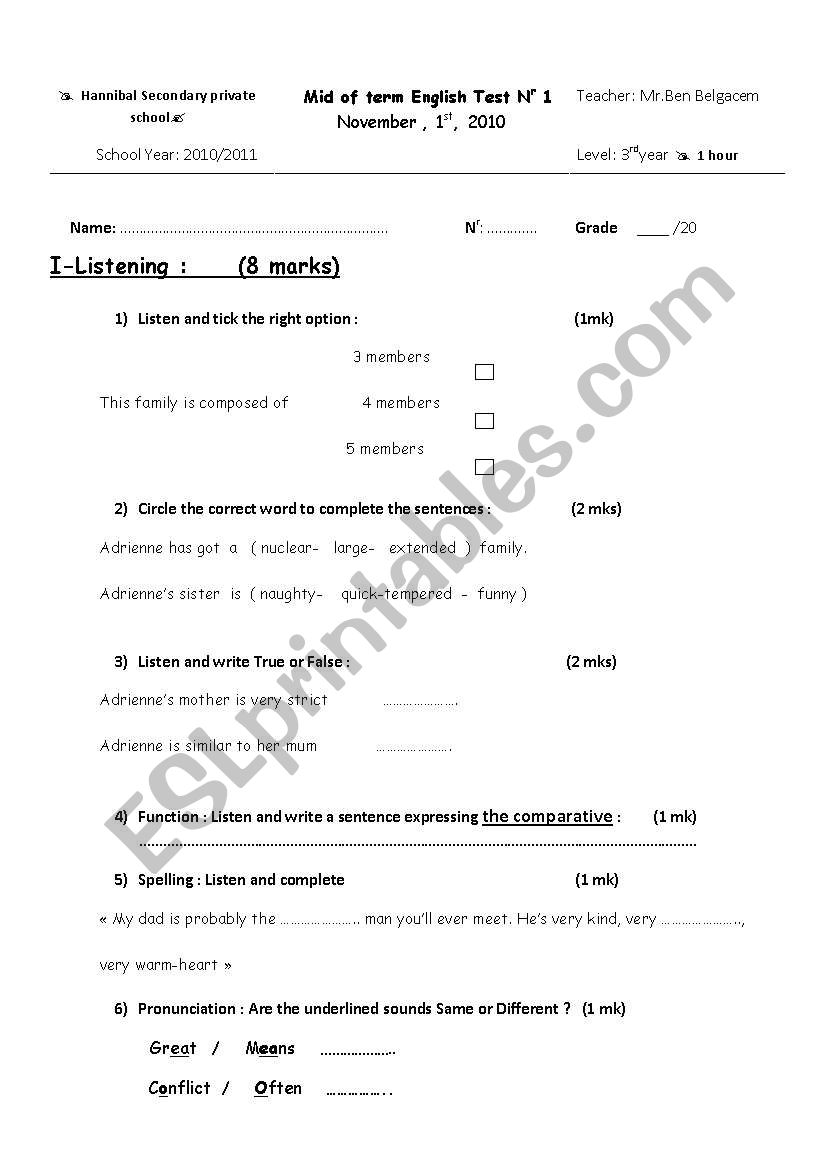 Mid of term test n 1 worksheet