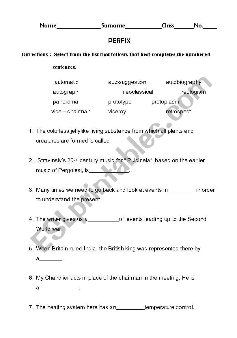 Prefix Exercise worksheet