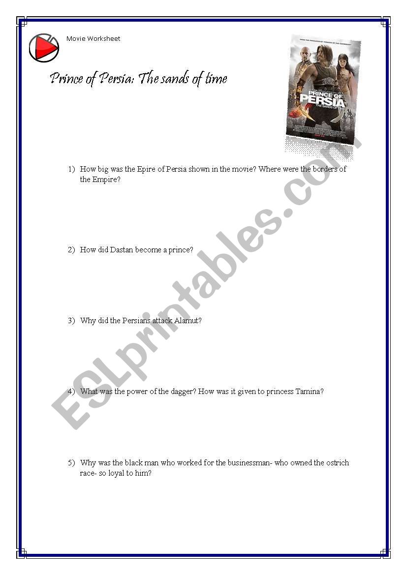 prince of persia movie worksheet