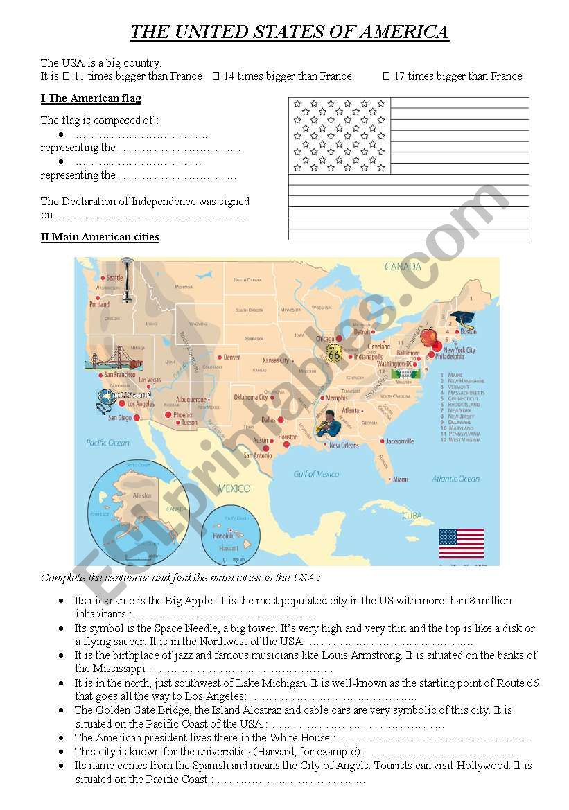 The USA facts and main cities worksheet
