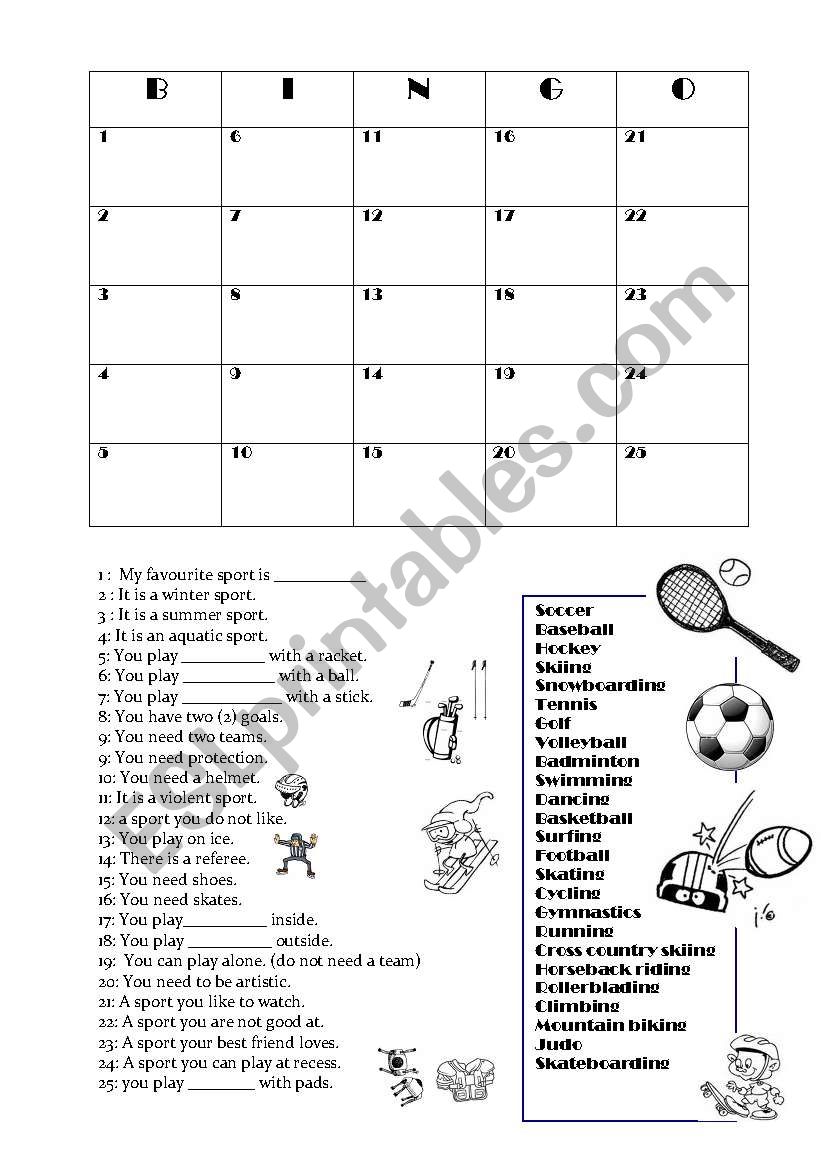 bingo on sports!! worksheet