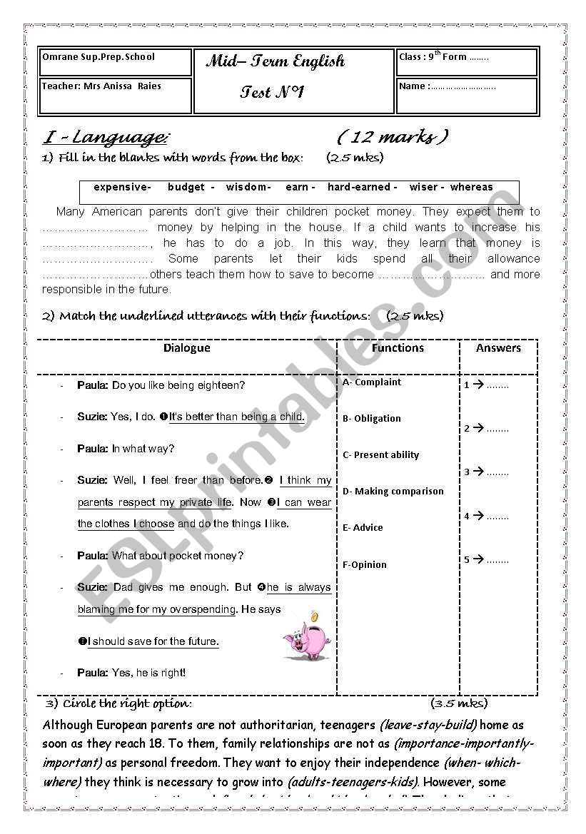 Test1(9th form) worksheet