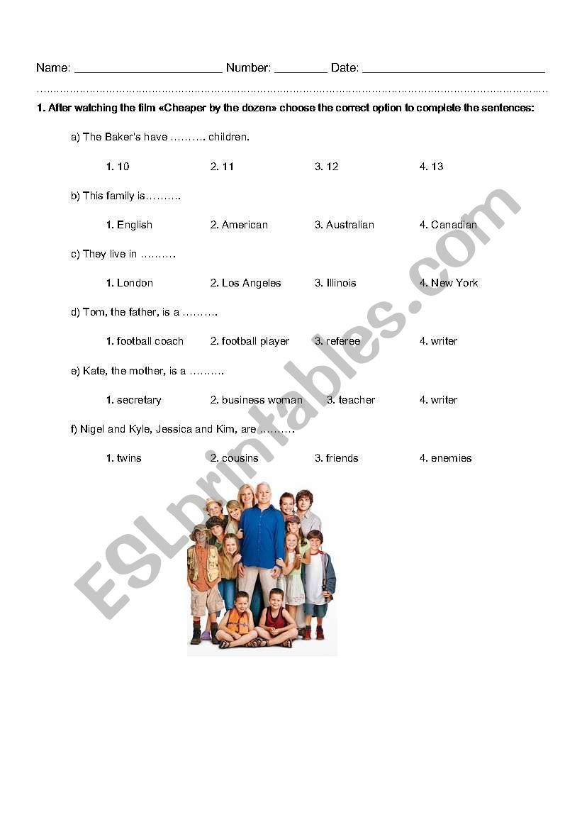 DVD worksheet - Cheaper by the dozen