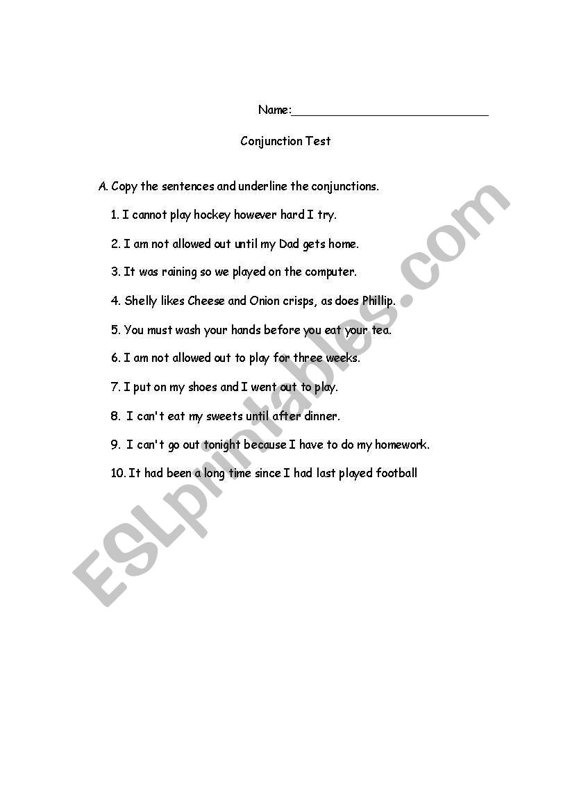 Conjunction Test worksheet