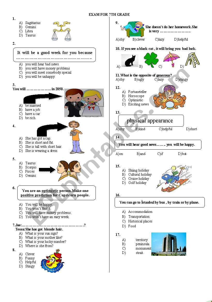 7TH GRADE EXAM PAGE 1 worksheet