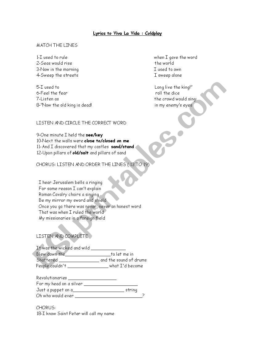 Viva la Vida by Coldplay worksheet