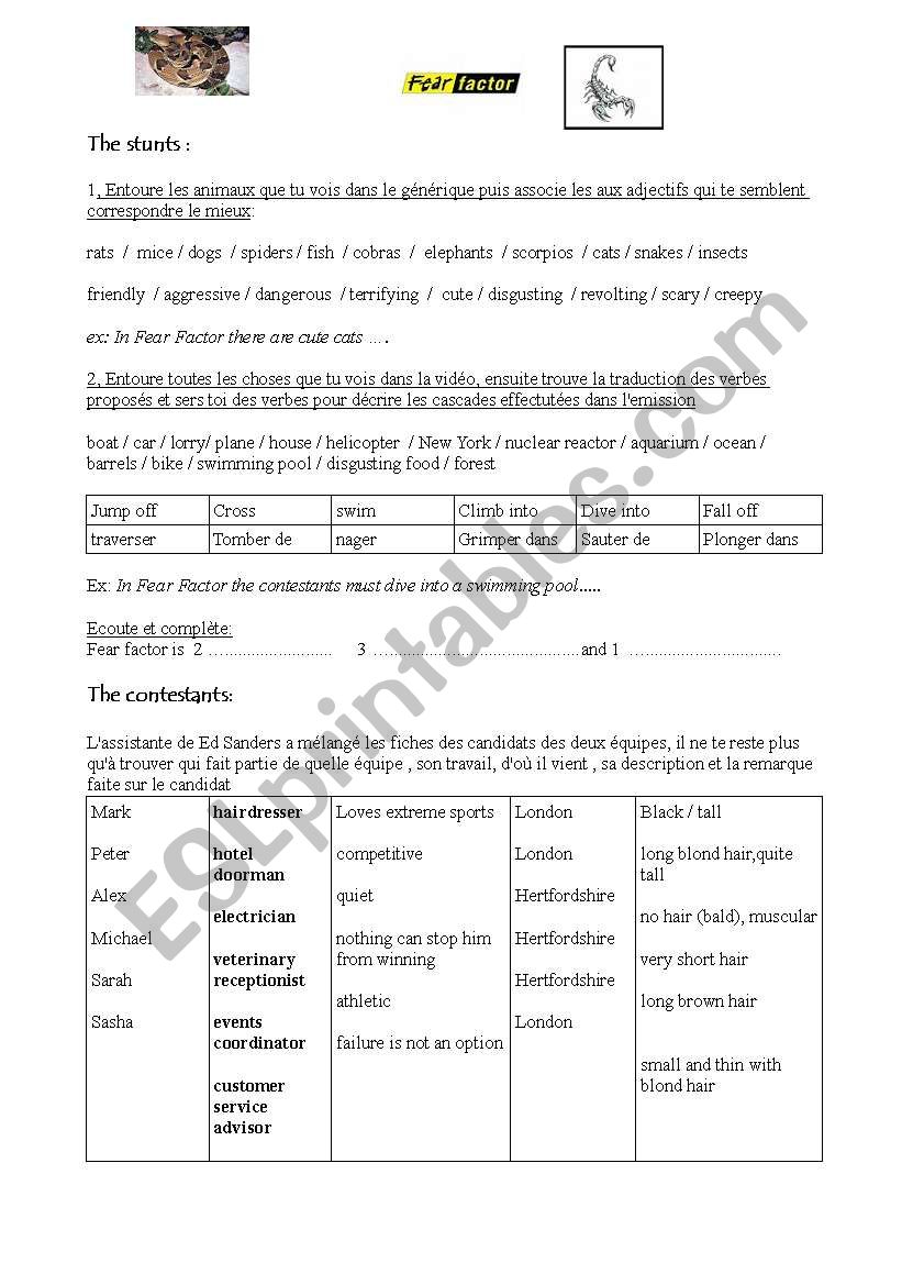 Fear factor part 1 worksheet