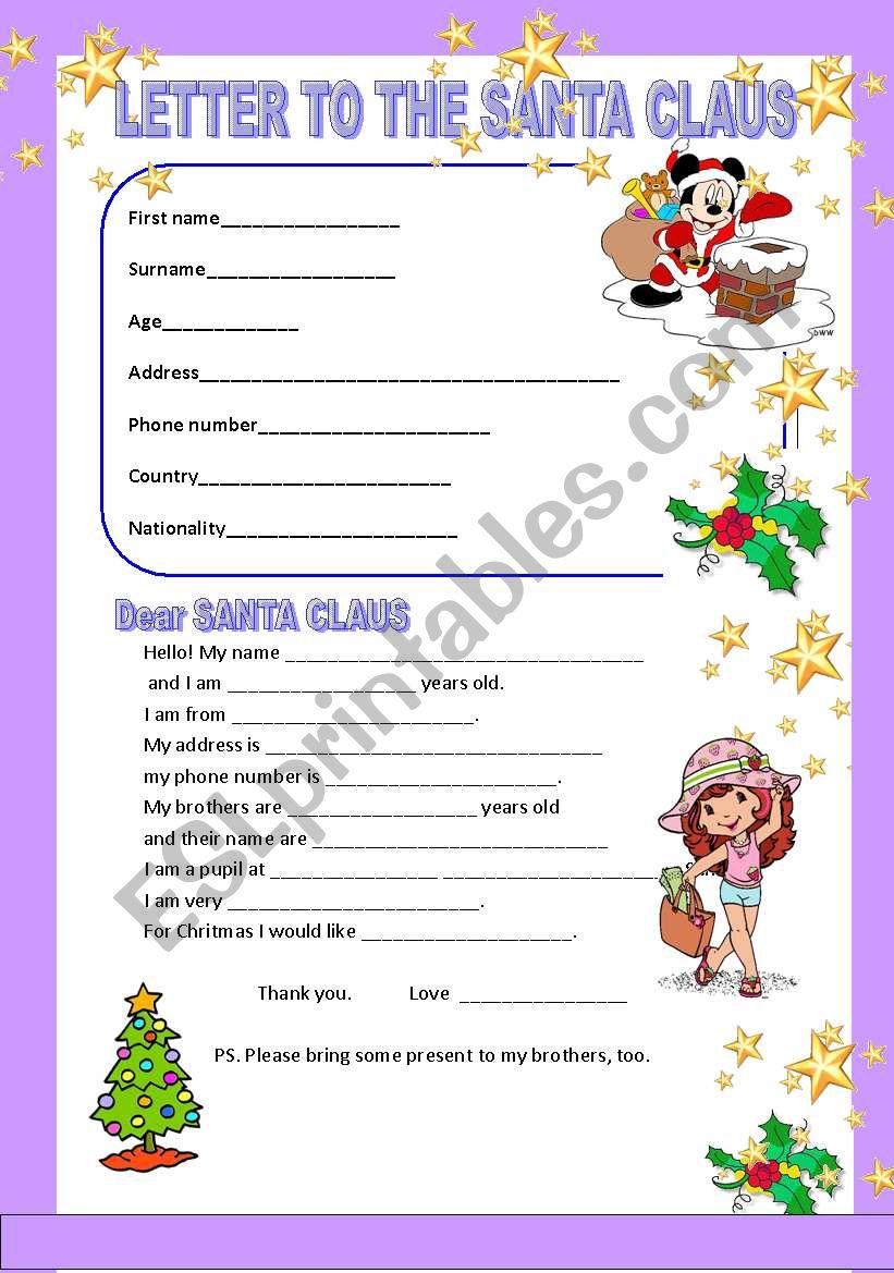 LETTER TO THE SANTA CLAUS worksheet