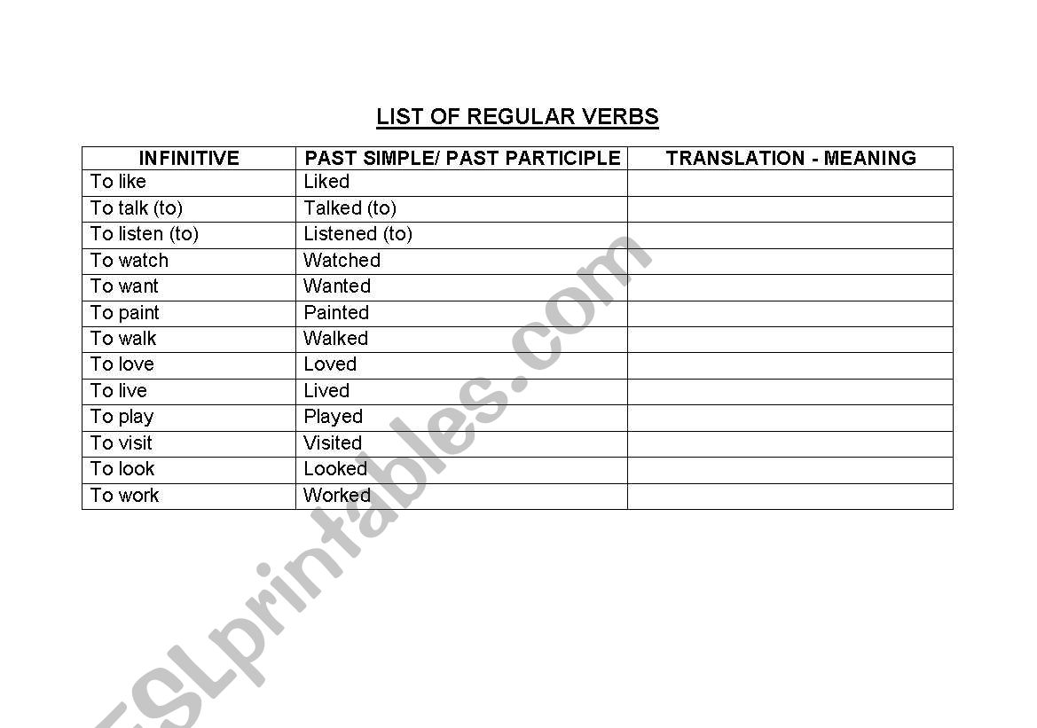 List of irregular verbs worksheet