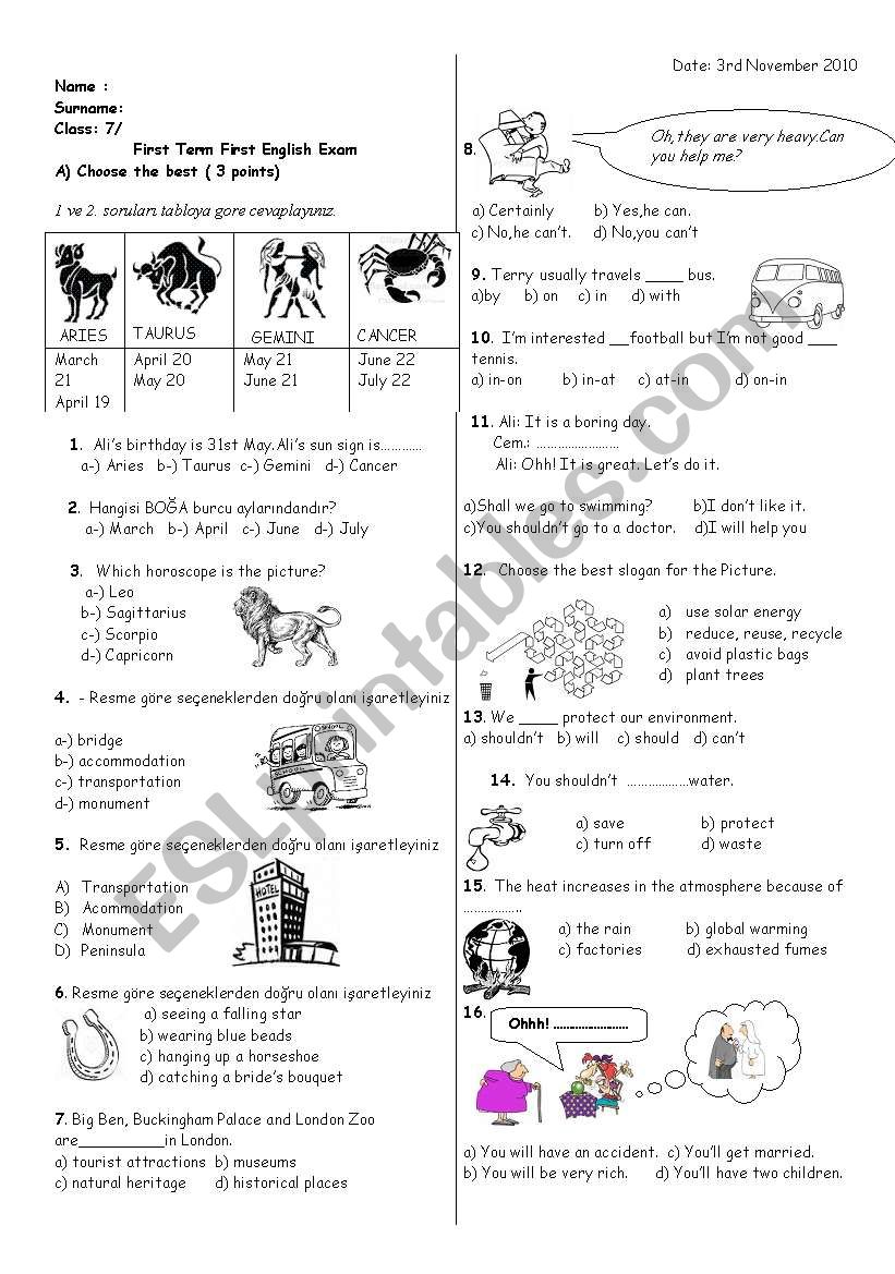 exam for 7th grade worksheet