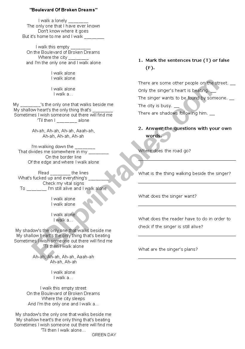 Boulevard of Broken Dreams worksheet