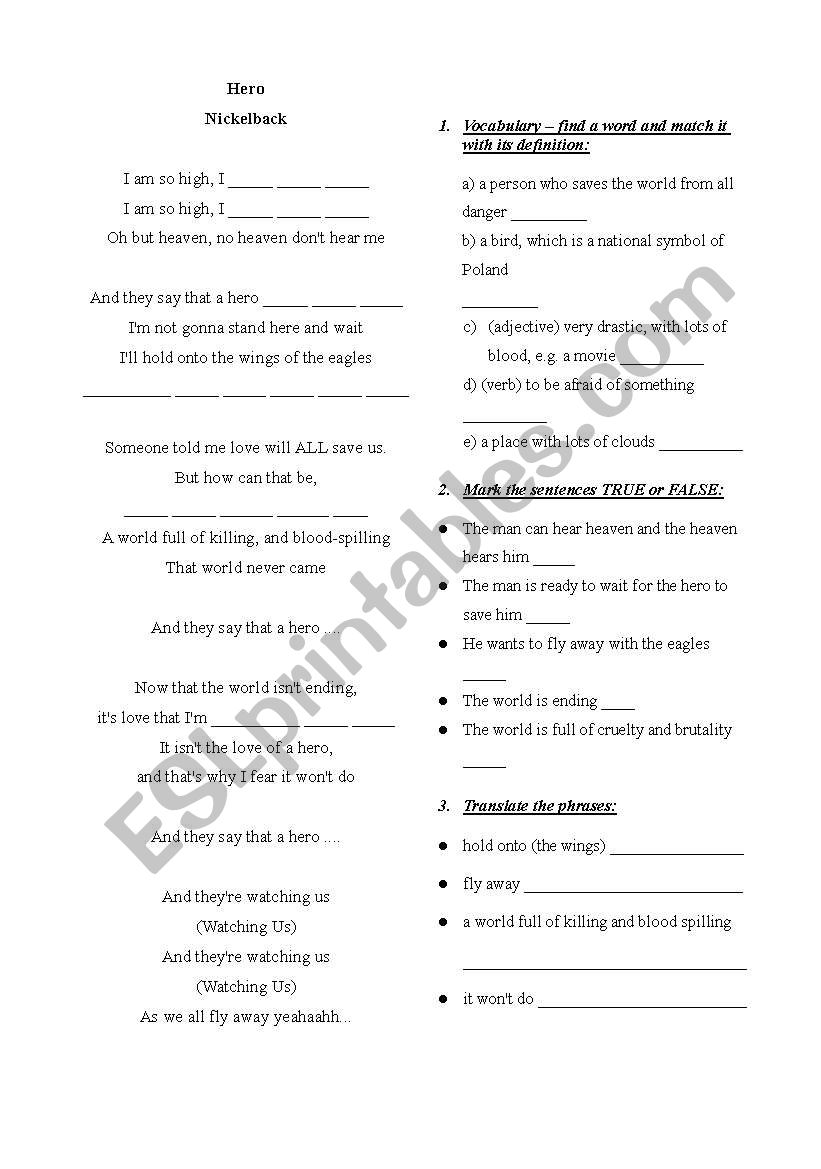 Hero by Nickelback worksheet