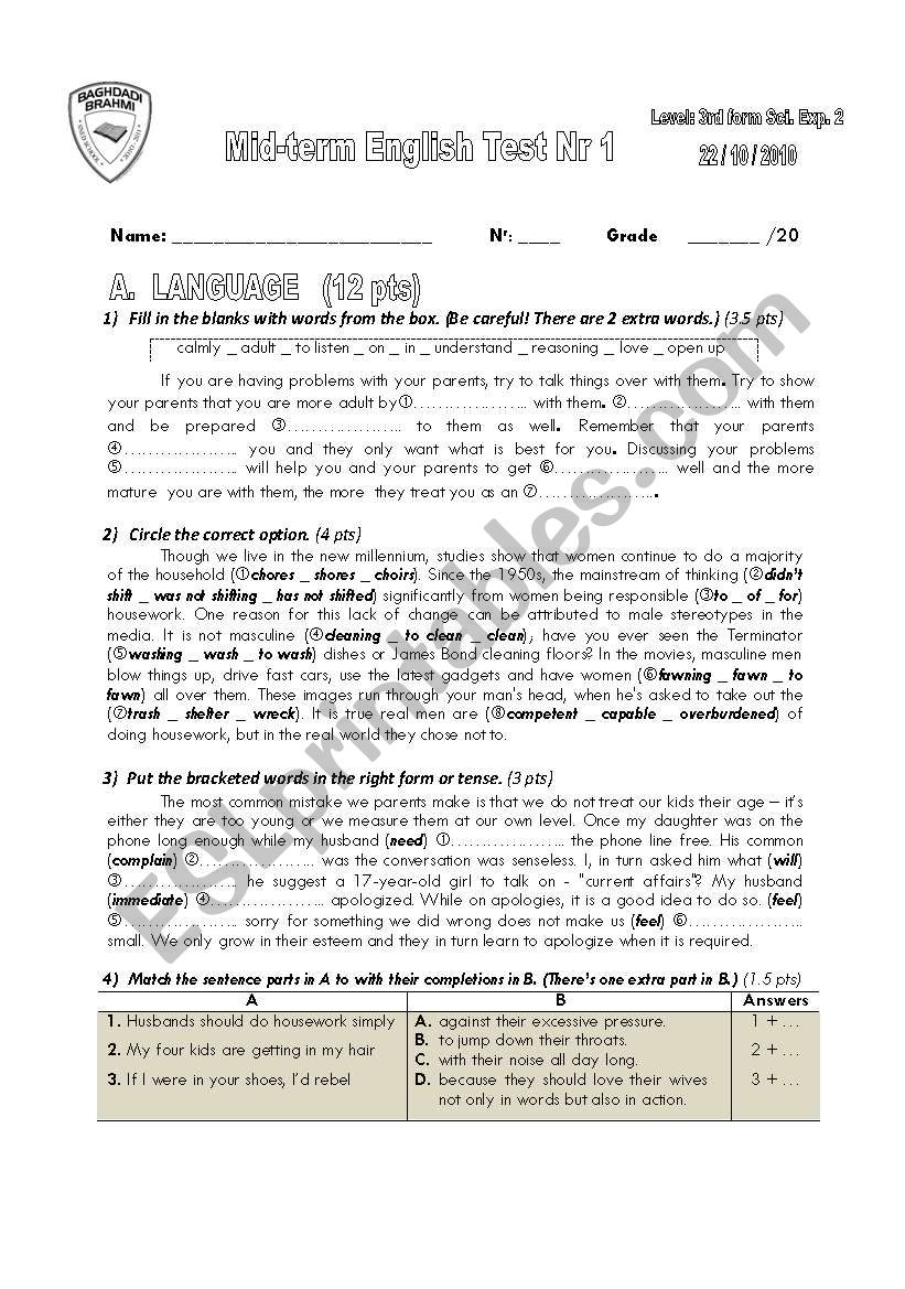 Mid-term English Test Nr 1_3rd formers