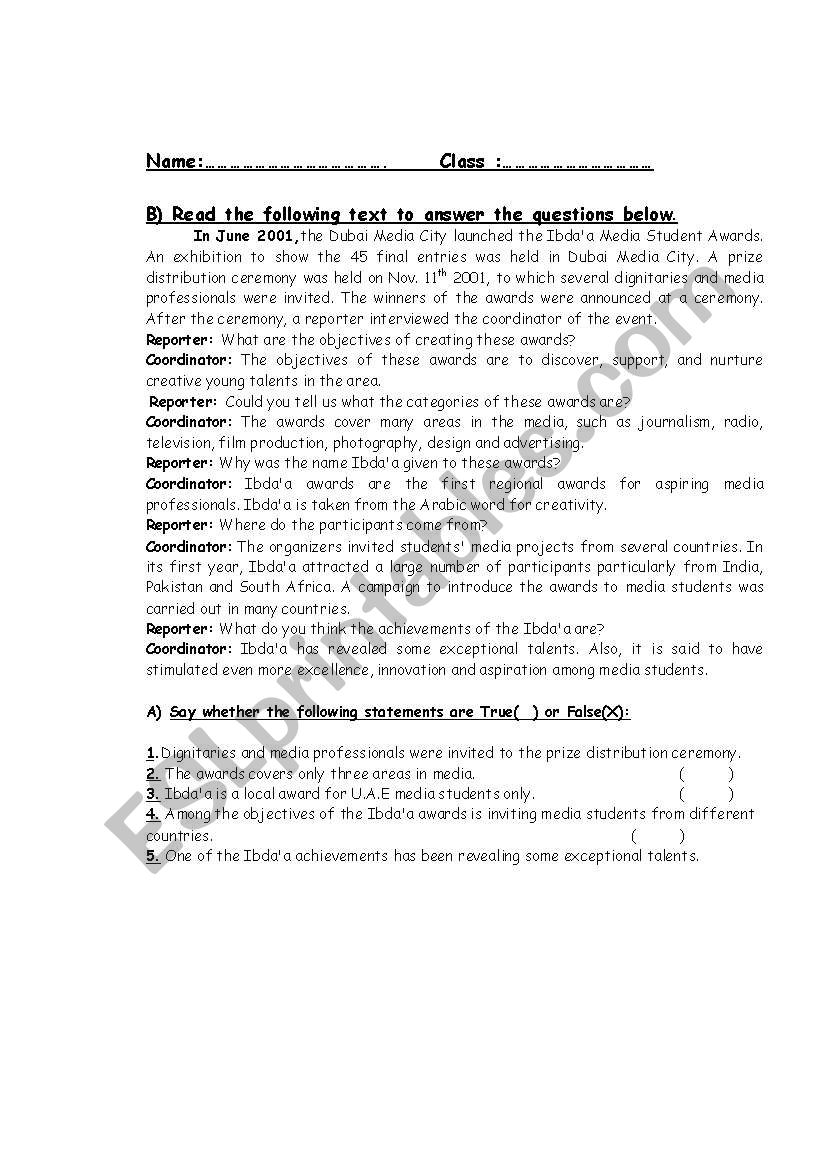 Reading comprehension worksheet