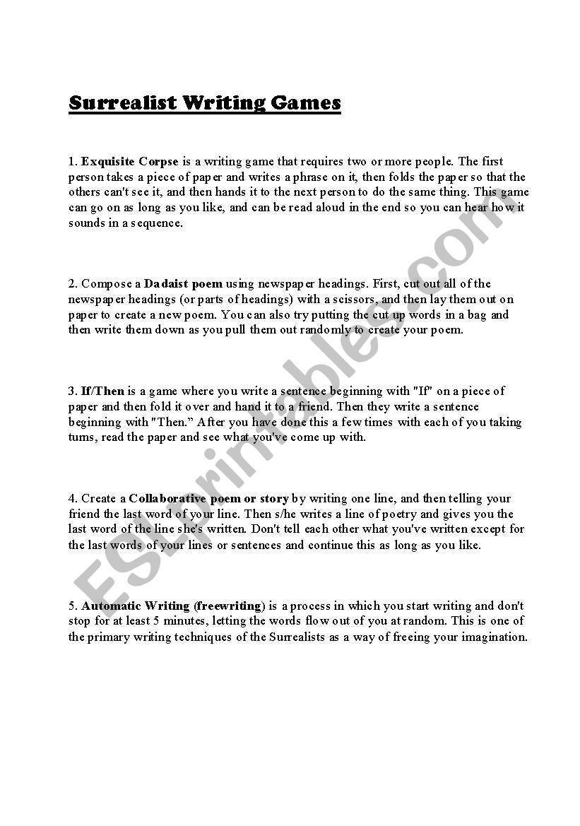 Surrealist Writing Games worksheet