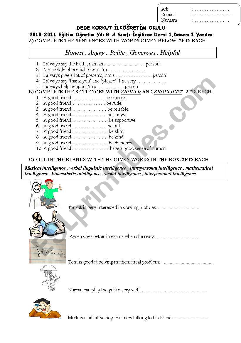 8th grade 1st term 1st exam 2011-2012