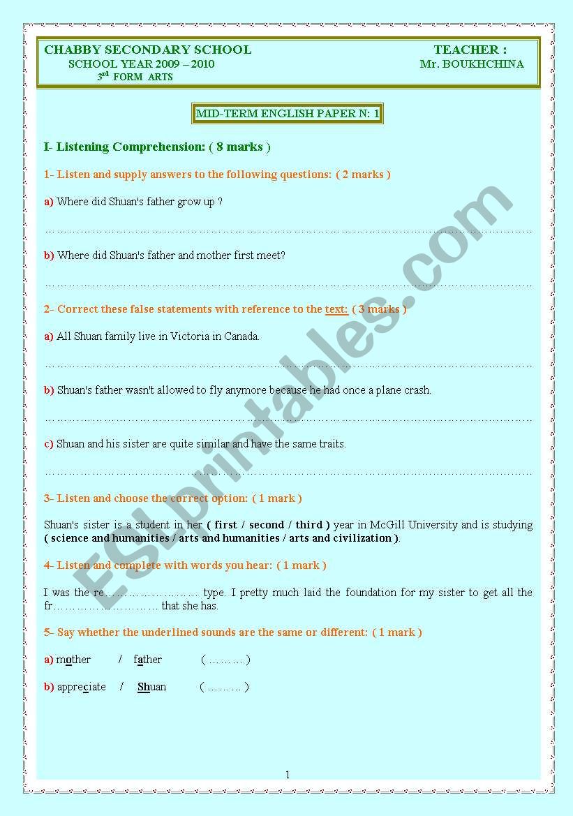 MID-TERM TEST 1 FOR 3.RD SECONDARY STUDENTS IN TUNISIA