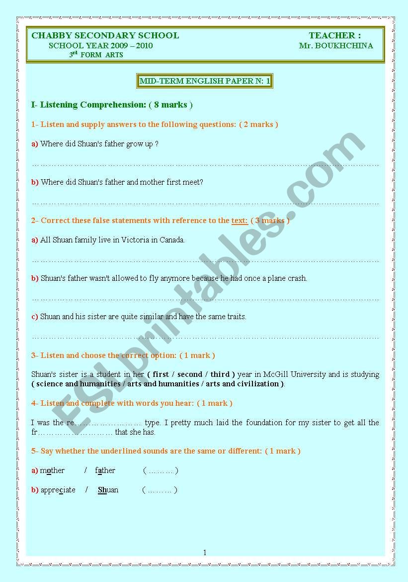 MID-TERM TEST 1 FOR 3.RD SECONDARY STUDENTS IN TUNISIA