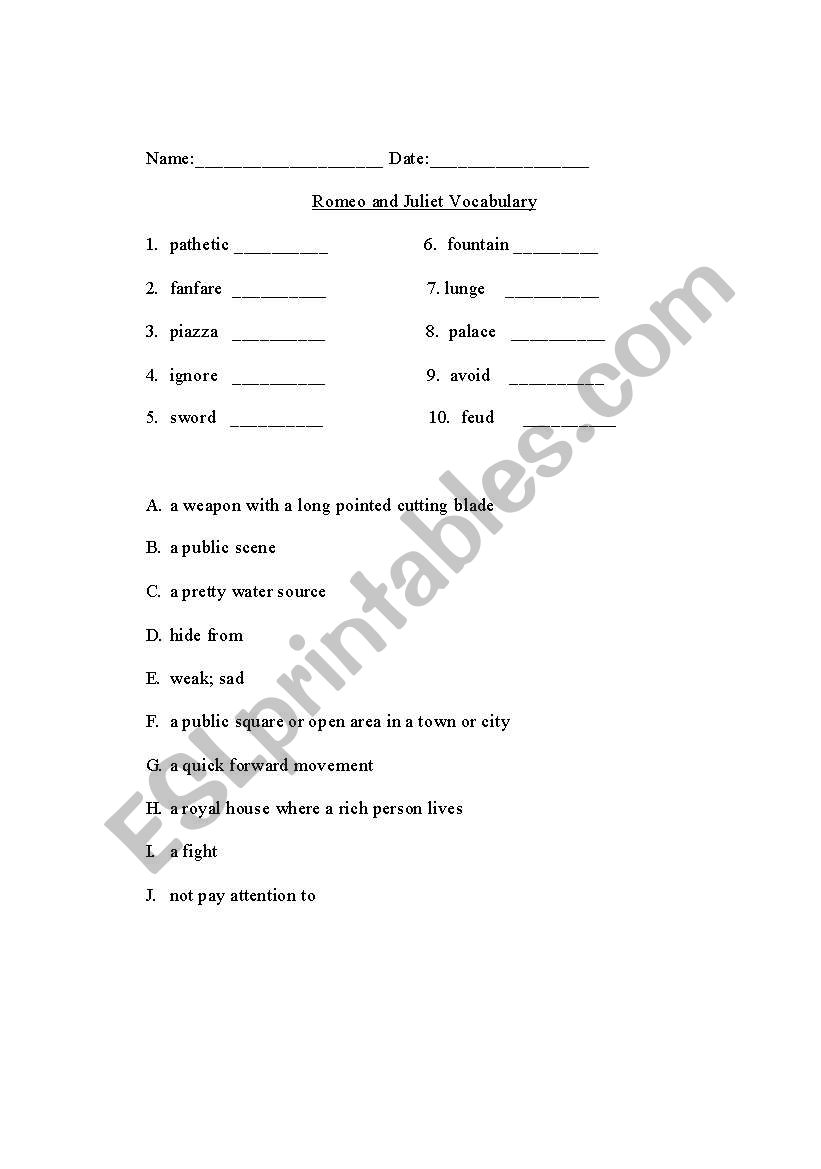 Romeo and Juliet  ACT 1 S 1 Vocabulary