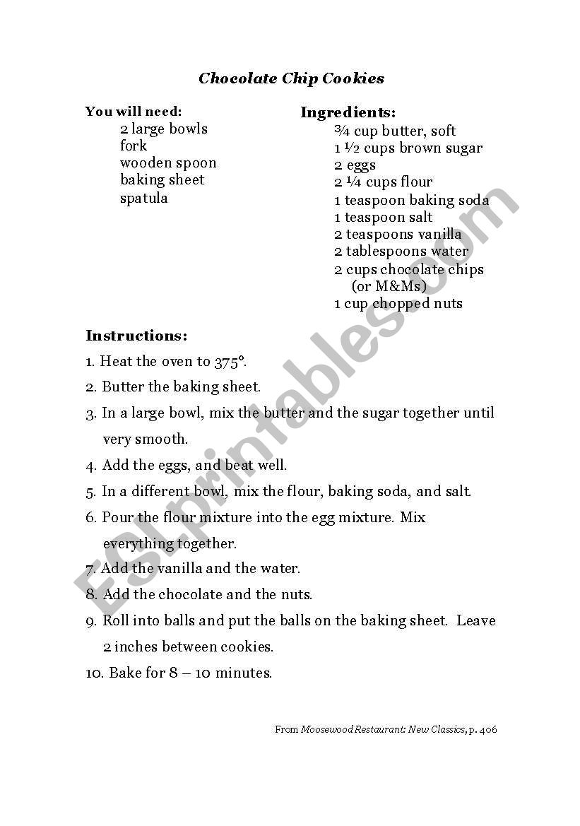 Chocolate Chip Cookie Recipe worksheet
