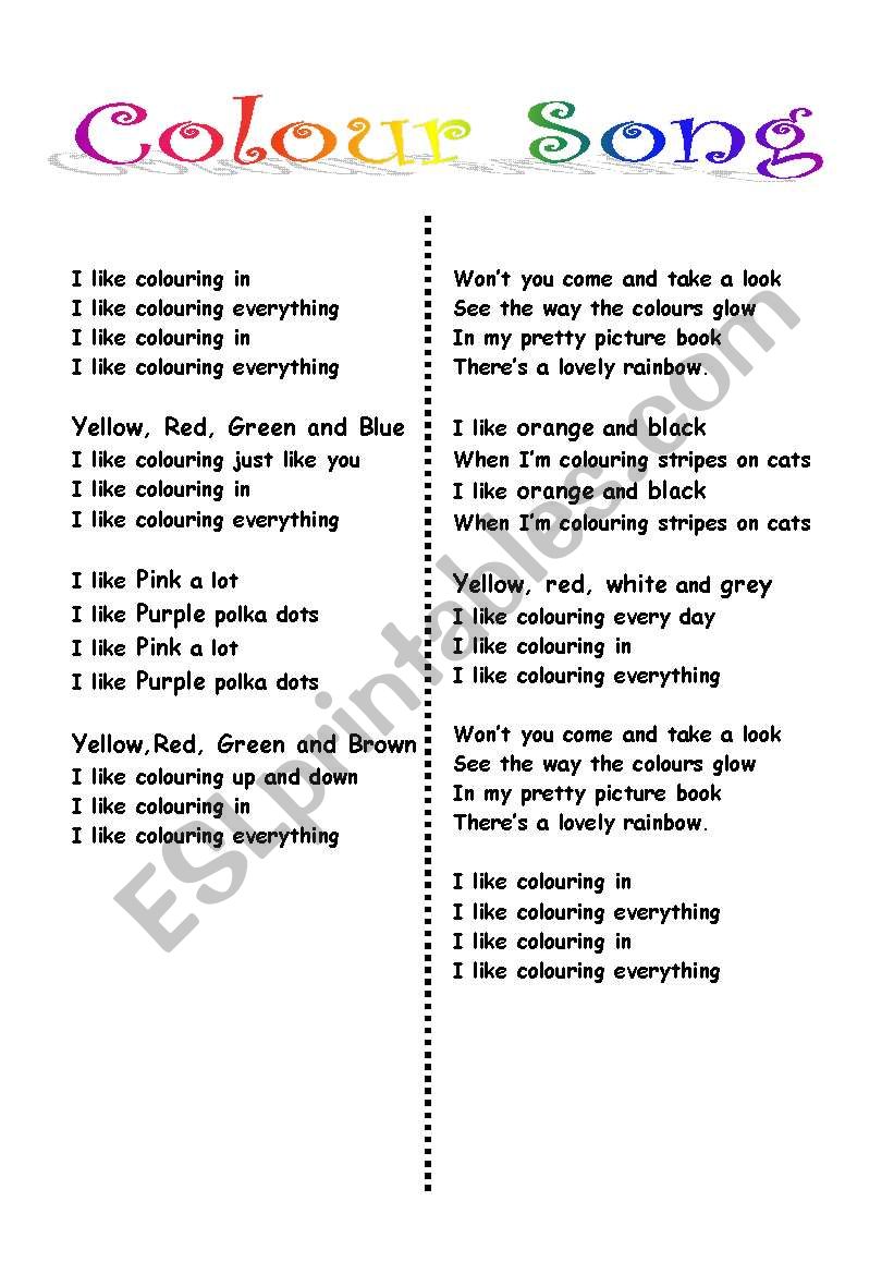 red and yellow song worksheet