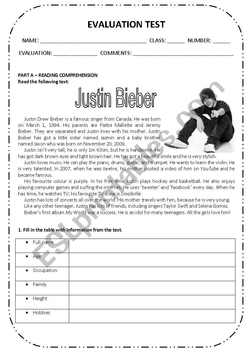 7th grade evaluation  test worksheet