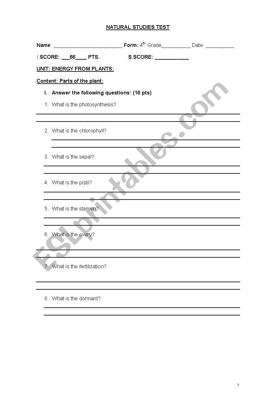 NATURAL STUDIES FOR 4TH GRADE worksheet