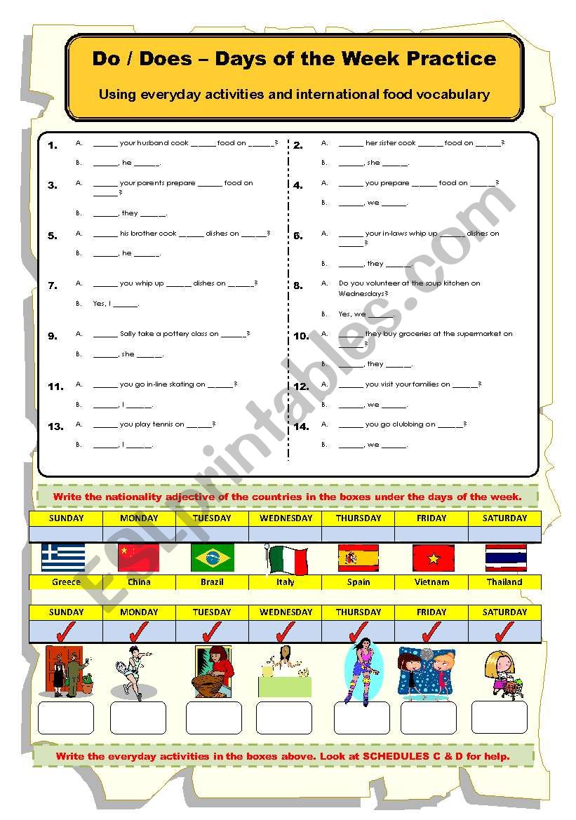 DO_DOES - days of  the week, everyday activities & international food vocabulary