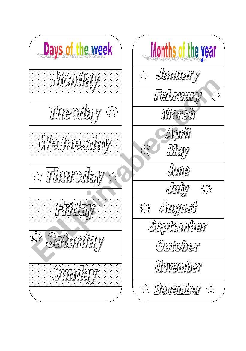 Days of the week and months bookmark