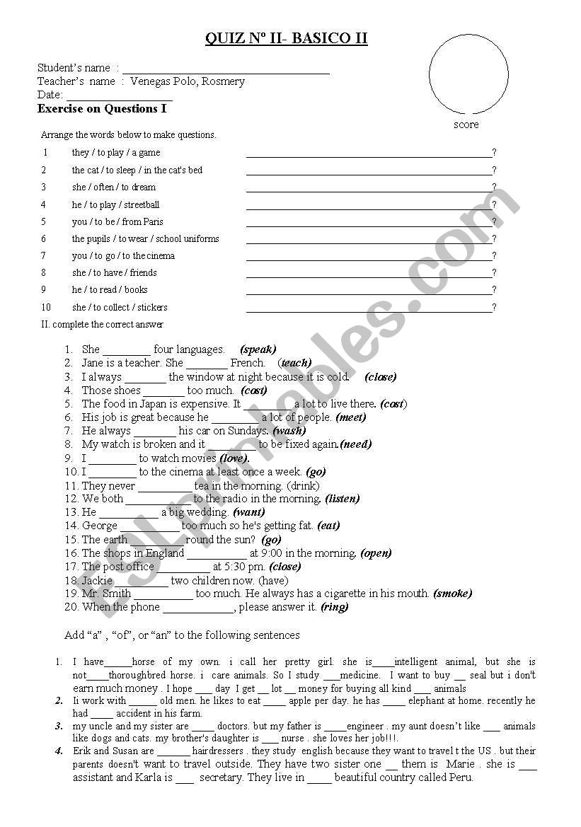 QUIZ ABOUT SIMPLE PRESENT worksheet