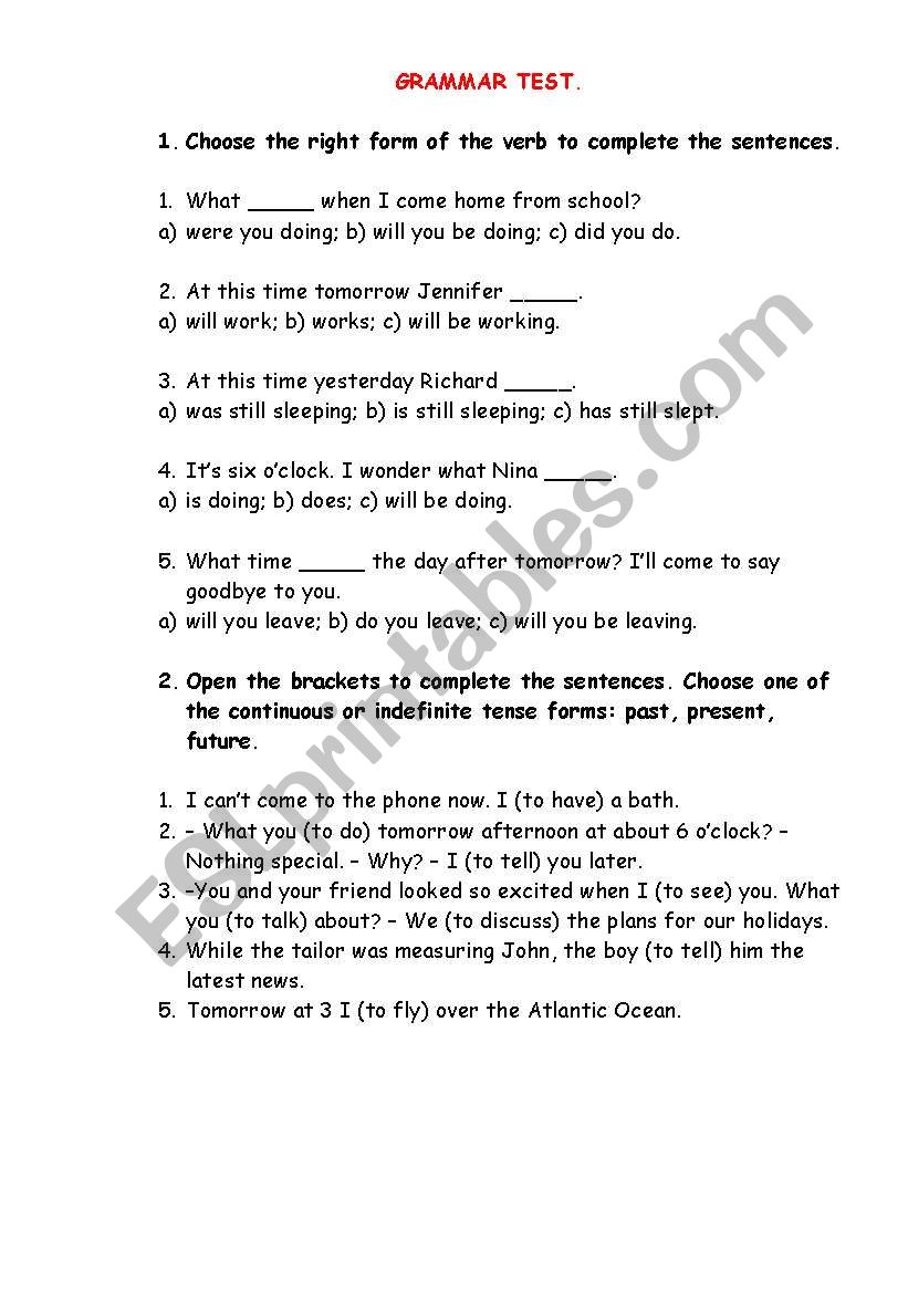 Test (different tenses) worksheet