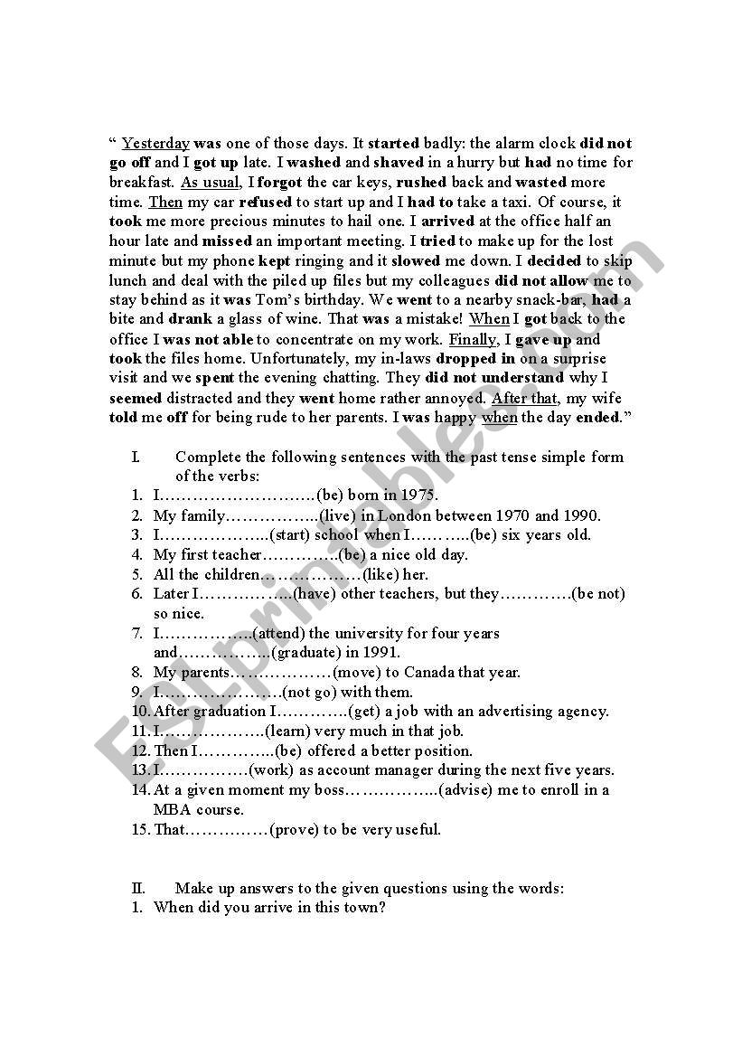 past tense worksheet