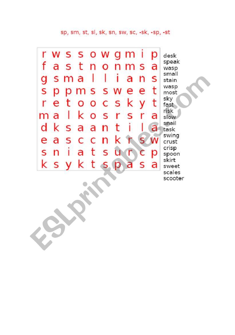 Wordsearch - sp, sk, sl ,sm, st etc...word clusters