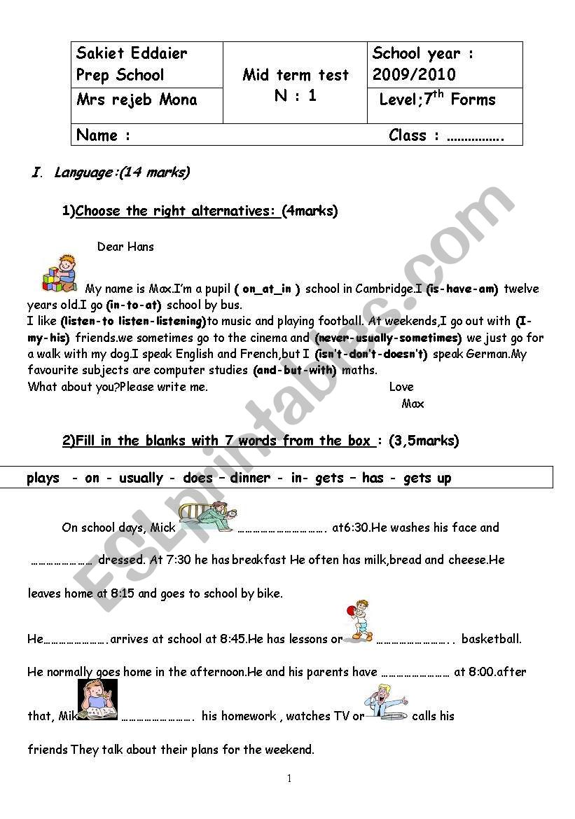 mid term test 7th form worksheet
