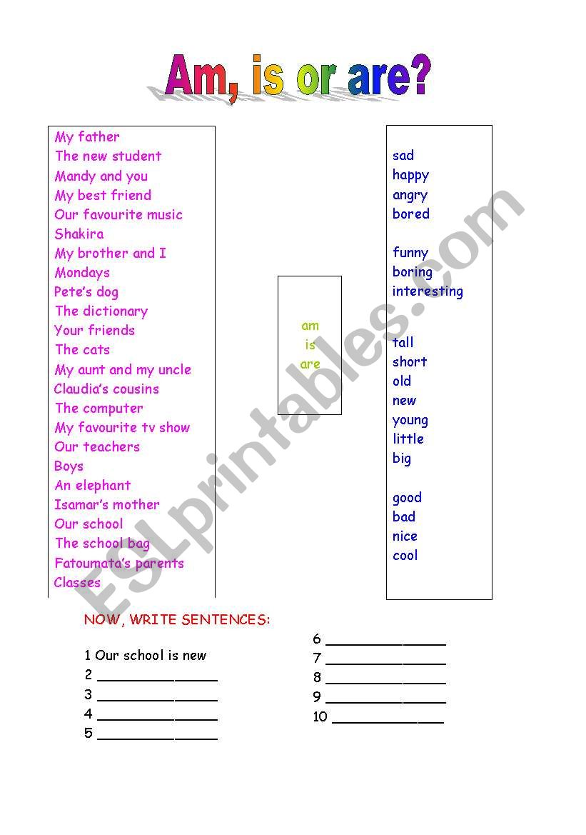 Am, is or are worksheet