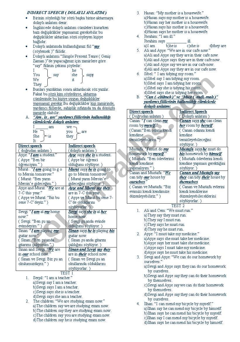 indirect speech worksheet