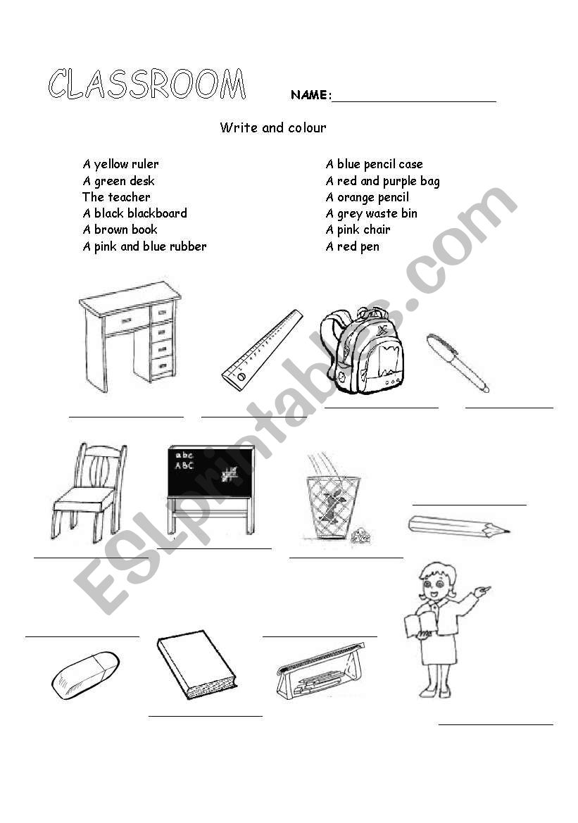 Classroom and colours worksheet